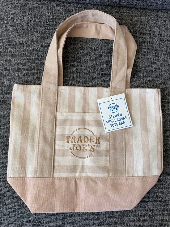 Trader Joe'S Handbags - NWT Trader Joe’s Summer 2026 Mini Canvas Tote Bag, Pastel Taupe Brown Stripes